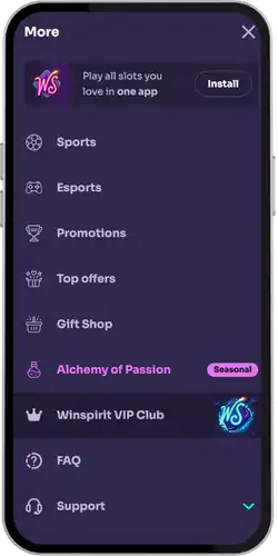 WinSpirit check out the menu